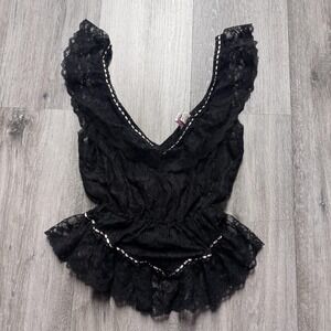 Vintage 1980s The F.L. Collection Black Lace Ruffled Teddie Lingerie Size Large
